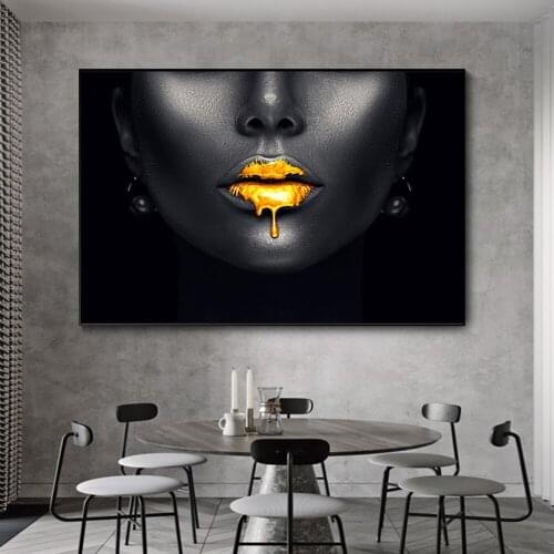 African Gold Lips Black Woman Canvas Paintings on The Wall Art Posters and Prints Black Face Pictures for Living Room Unframed