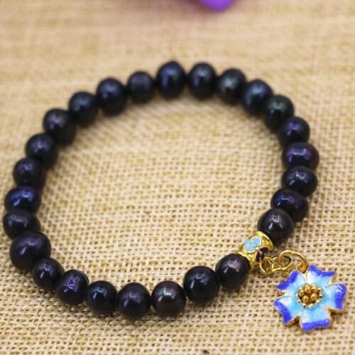 Charms natural 7-8mm black nearround pearl beads strand bracelet & bangle for women gold-color cloisonne jewelry 7.5inch B3142