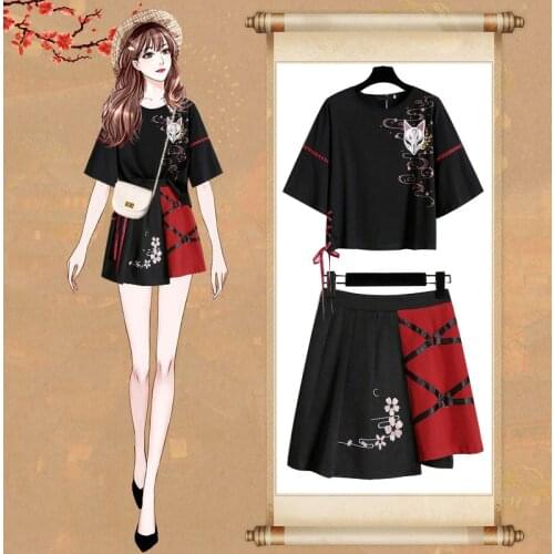 Anime Demon Slayer Japanese Red Ribbon Girl Lolita T-shirt Short Skirt Set Adult Fox Hanfu Dress Halloween Cosplay Costume