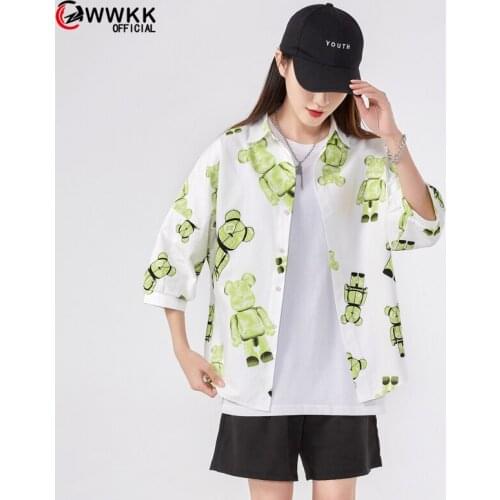 2021 Summer Chinese Style Short Sleeve men Women Blouse Shirt Bear Printing Ladies White Shirt Button Up Female Clothing