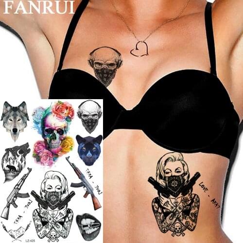Death Skull Gangster Girl Ak47 Temporary Tattoos For Women Men Sticker Wolf Tatoos Waterproof Body Art Realistic Tattoo Arms