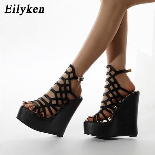Eilyken New Design Buckle Back Strap Sandals Women Platform Wedges High Heels Summer Gladiator Sexy Open Toe Ladies Shoes Black