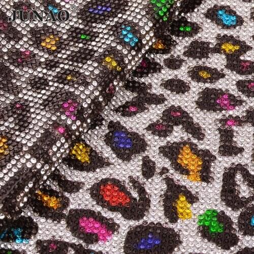 JUNAO 24*40cm Mix Color Hot Fix Rhinestone Fabric Sheet Glass Beads Trim Mesh Crystal Applique Strass Banding for DIY Crafts