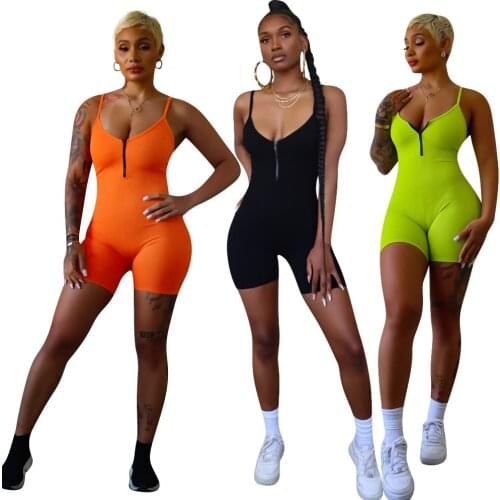 Summer Solid Jumpsuit Women Sexy Zipper Spaghetti Strap Biker Shorts Bodycon Playsuit Casual Knit Rib Sportswear Slim Overalls