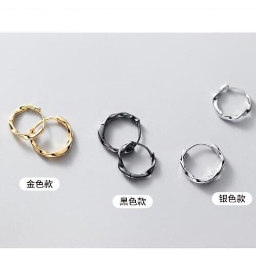Men Women Real. 925 Sterling Silver jewelry Black/White /Gold Piercing Twist Wave Circle Ear-bone hoop huggie Earrings C-G7219