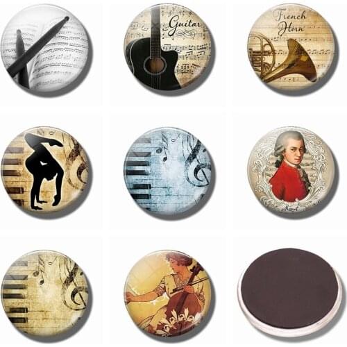 Musical Instrument Art Refrigerator Magnets Music 30 MM Magnet Fridge Glass Guitar Piano Cello Magnetic Stickers for Fridge