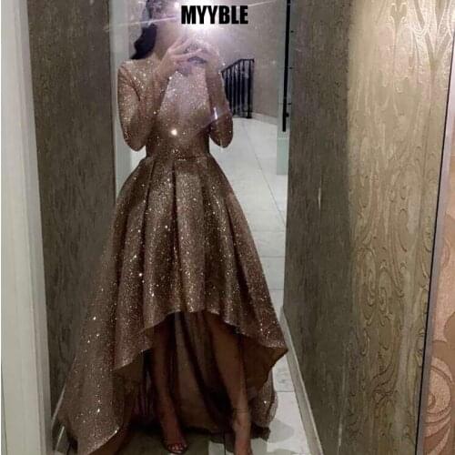 MYYBLE Reflective Long Sleeves Sequins Evening Dresses 2020 O Neck Neck Ruched High Low A Line Formal Party Prom Dresses