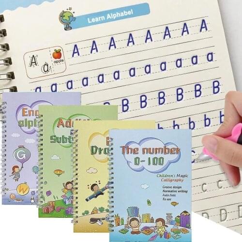 4 Books And Pen Of Set Magic Calligraphy Practice Copybook Kids Letter Writing English Copybook For Baby 3-8 Years Old Book