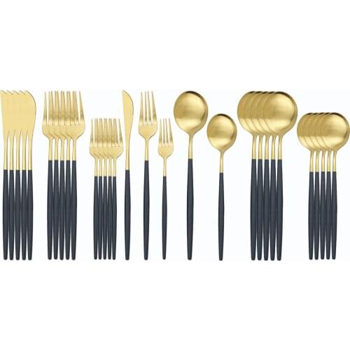 30Pcs Black Gold Cutlery Set Stainless Steel Dinnerware Set Knife Dessert Fork Spoon Silverware Set Kitchen Party Tableware Set