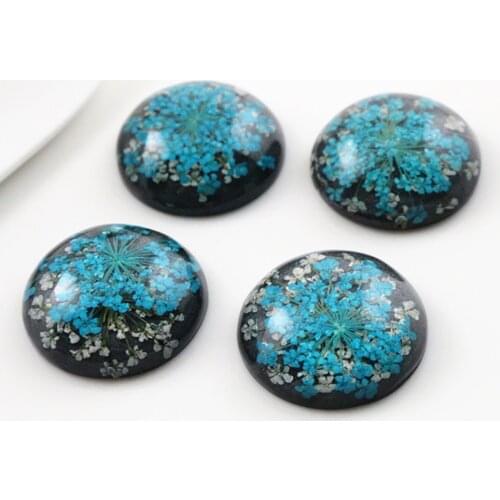 New Fashion 5pcs 25mm Blue and White Natural Dried Flowers Flat Back Resin Cabochons Cameo G4-21