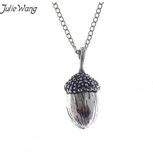 Julie Wang 1PC Antique Silver Color 3D Vivid Acorn Oak Nut Pendant Necklace Fashion Women Long Jewelry 80cm Metal Link Chain