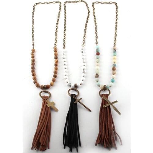 Fashion Jewelry Natural Stone Chain Cross Long Tassel Necklaces Women Ethnic Necklace