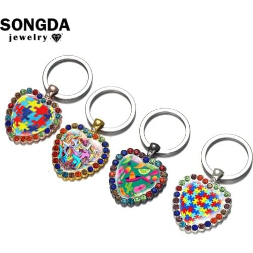 SONGDA Rainbow Puzzle Autistic Symbol Keychain Hand Craft Autism Awareness Love Heart Shaped Key Chain Glass Dome Photo Jewelry