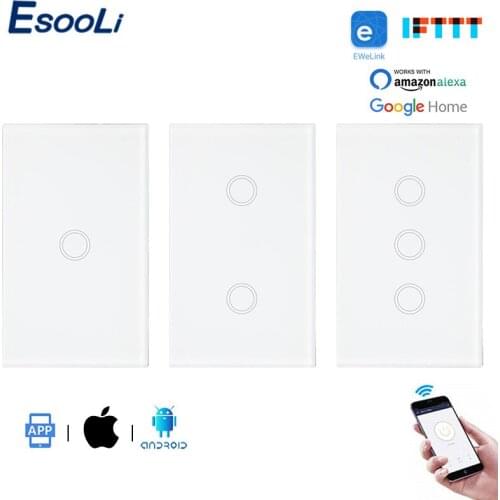 EsooLi Luxury Crystal Panel US Standard WIFI Touch Switch Ewelink APP Smart Home Automation 1/2/3 Gang Switch Null and Fire Line