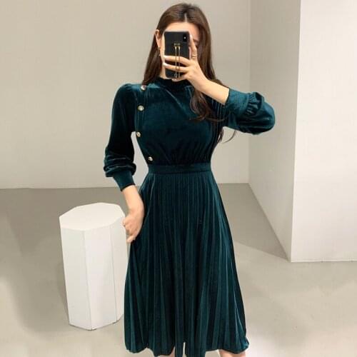 Vintage Ladies Dress Chic Lantern Sleeve High Waist Solid Pleated A-Line Dress Women Autumn Stand Collar Elegant Patry Dress
