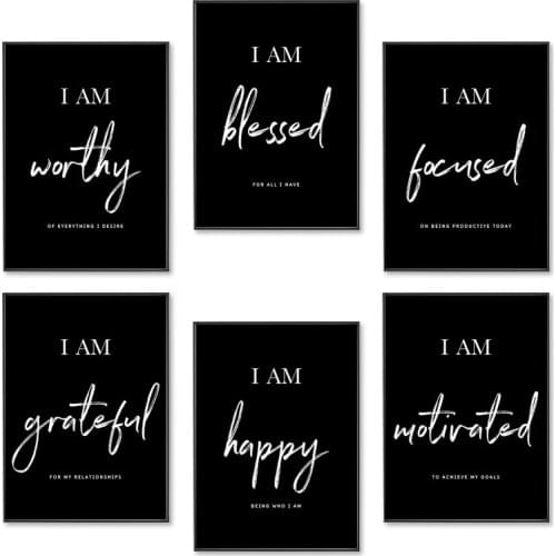I am Happy Positive Quotes Motivational Wall Art Canvas Painting Nordic Posters and Prints Wall Pictures for Living Room Decor