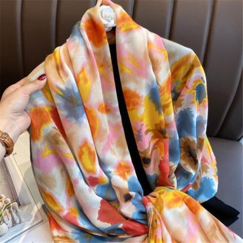 Fashion Brand Designer Scarf Ink Painting Floral Tassel Viscose Shawl Women Spring Autumn Wrap Pashmina Hijab Foulards 180*90Cm