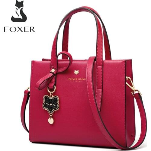 FOXER Womens Handbag Commute Pendant Bag Shoulder Crossbody Bags Lady Fall Winter Middle Totes Cowhide Leather Top Handle Purse