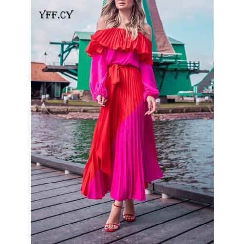 Women Dress Slash Off Shoulder Dresses Plus Size Summer Chiffon Dress Evening Party Dress Female Bandage Pleated Long Red Dress