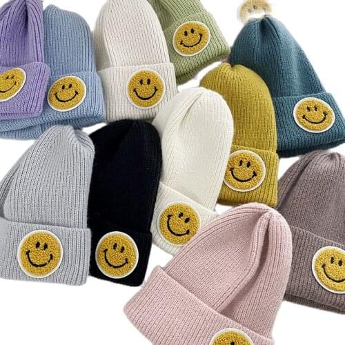 Winter Women Ladies Cute Casual Smile Patch Knit hat Skullies Thick warm Beanie cap Bonnet Homme Gorras