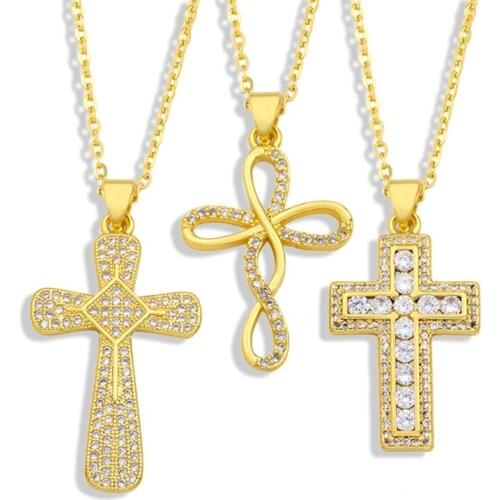 FLOLA Gold Chain Cross Pendant Necklace Women Girl Copper CZ White Stone Crystal Short Necklace Christian Jewelry nkey16