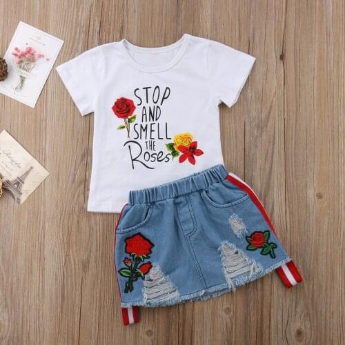 2Pcs Toddler Kids Baby Girl Flower Top T-shirt Short Skirt Outfit Clothes Summer