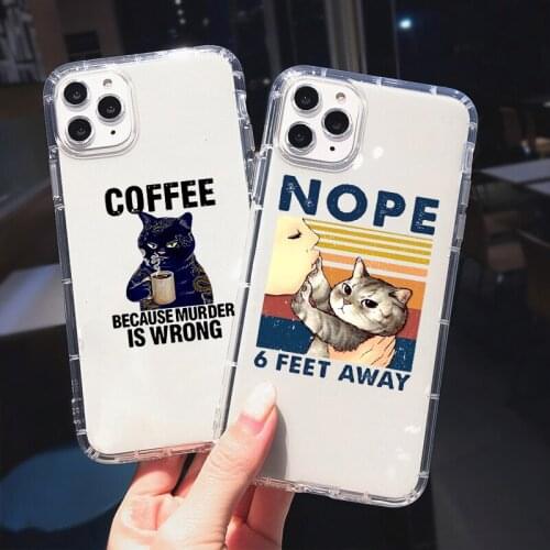 Cute Coffee Cat Phone Case Transparent Soft for Iphone 11 12 Pro XS MAX XR X 7 8 6Plus SE2020 Shockproof Coque Cover Fundas Capa