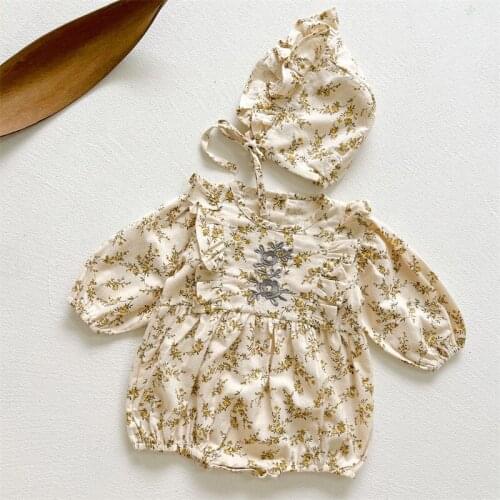 Korean Style Toddler Baby Girl Cotton Long Sleeve Romper Spring Autumn Baby Girls Clothes Infant Baby Girls Flower Jumpsuit+Hat