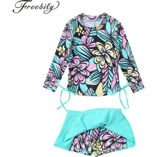 Kids Girls Swimwear Swimsuits Two Pieces Bathing Suit Long Sleeve Floral Printed Tops with Skirt Shorts Children Beach Wear