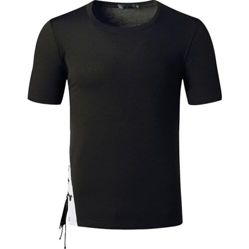 Fashion Hem Bandage Short Sleeve T Shirt Men Hipster Harajuku Tee Shirt Homme Slim Fit Hip Hop Streetwear Casual Tshirt Male XXL