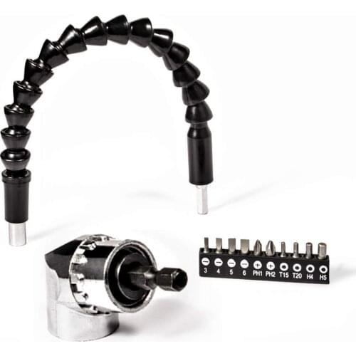 HLZS-Flexible shaft, 3 pieces Accessory set for screwdrivers, 295 mm Flexible shaft (1/4 inch, hexagonal handle) 105 degree an