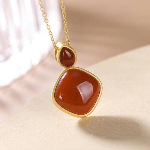 Natural Hetian Jade S925 Sterling Silver Southern Red Agate Pendant Simple Personality Geometric Temperament Ornament