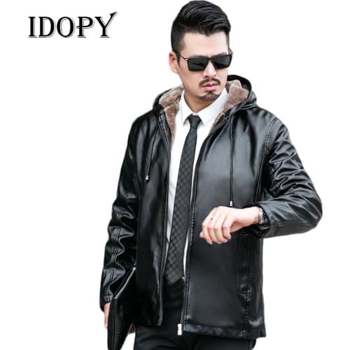 Idopy Faux Leather Jacket Male Autumn Winter Mens Motorcycle Leather Coats With Hoodies Outerwear Casual Jackets