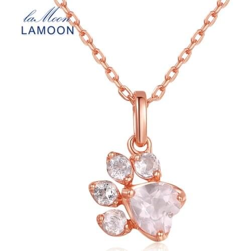 LAMOON- Bearfoot 5x5.5mm 100% Natural Gemstone Rose Quartz Chain Necklace 925 Sterling Silver Jewelry LMNI027