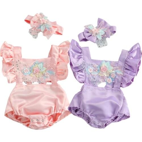 Baby Girls Summer Rompers Headband Flowers Printed Embroidery Ruffles Short Sleeve Backless Jumpsuits