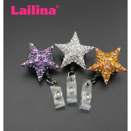 Nurse Random Five pointed Star Rhinestone Crystal Brooch ID Badge Name Holder Retractable Pull Reel