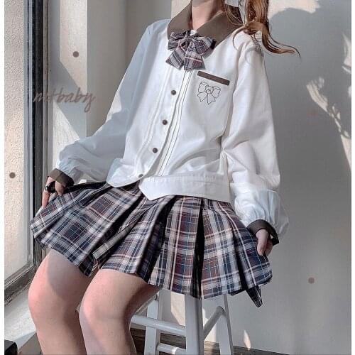 Bear Bow Cute Womens Long Sleeve Shirt Turn-down Collar Loose Blouse JK Girls School Uniform Student Vintage Style