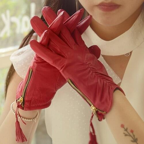 Genuine Leather Gloves Ms Autumn Winter Warm Sheepskin Double Layer Driving Thin Style Womans Gloves Zipper Tassel BN87018