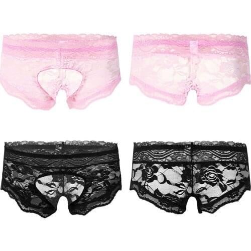 IEFiEL Mens Sexy Exotic Panties See-through Lace Lingerie Crotchless Boxer Shorts Open Crotch Sissy Gay Underwear Underpants