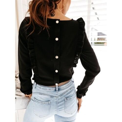 O-Neck Long Sleeve Solid Color Slim Pullovers Top Elegant Women Spring Autumn Shirts for Office Back Button Design Ruffles Decor