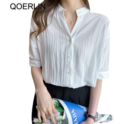 QOERLIN Work Style Office Lady Solid Blouse Women Stand Collar Long Sleeve Single Breast Blusas Spring 2021 Loose White Shirt