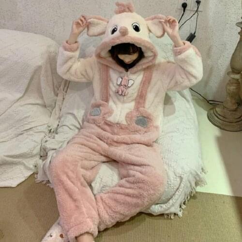 Autumn Winter Women Cute Onesies Lolita Pajamas Coral Fleece Lady Home Clothes Pyjamas Cartoon Elephant Ears Hooded Sleepwear
