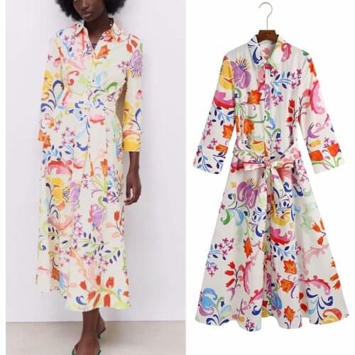 KUMSVAG Women Summer Vintage Shirts Dress 2021 ZA 3/4 Sleeve Print Turn-down Collar Sashes Female Elegant Mid-Calf Dresses
