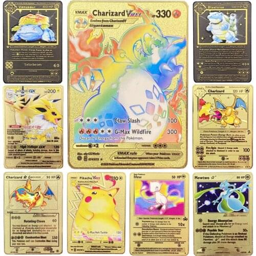 Pokemon Flash Golden Cards Charizard GX VMAX V EX Metal Card Eevee Mewtwo Pikachu Game Battle Collection Trading English Card