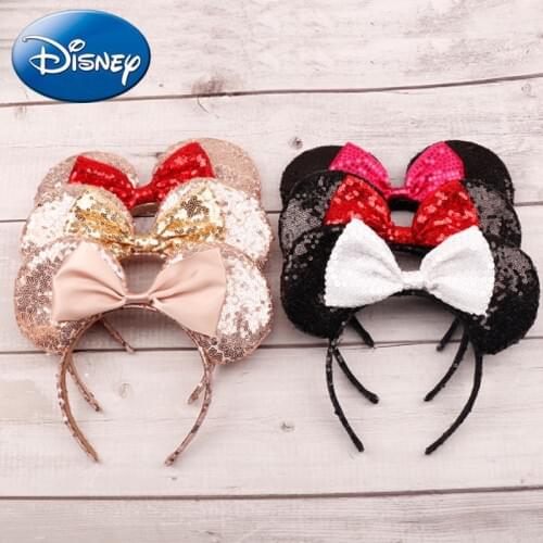 Disney Minnie Mouse Headdress Pretend Play Game Mickey Head Ears Sequin Girls Hair Bands Princess Head Hoop Toys Kid Gift