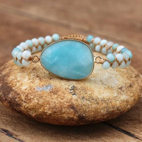 Natural Amazonite Stone Charm Bracelets Women Men Friendship Bohemia Yoga Beaded Strand Braided Wrap Bracelet Handmade Jewelry