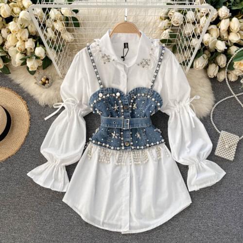 Chic Women Suits Fashion Diamond-studded Beaded Long Sleeve White Elegant Shirt Blouse + Tassel Pearl Denim Vest Two Piece Set