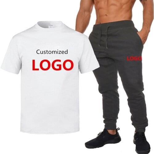 2Pcs Mens Sets Print Tshirts Pant DIY Custom Logo Text Image Sportswear Fashion T-shirt+ Sweatpants Casual Tracksuit