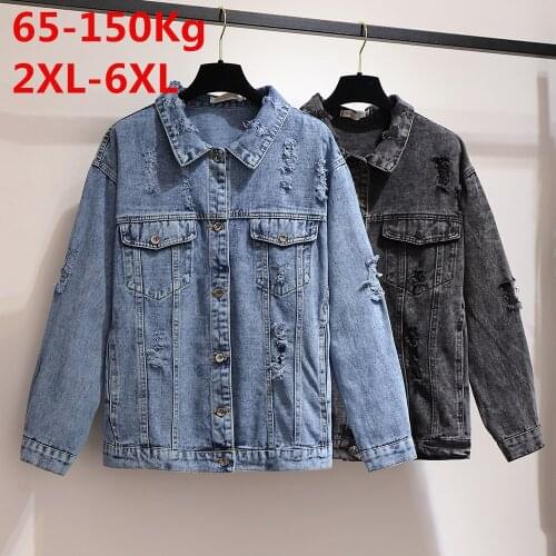 Transfortegy Oversized Womens Denim Coat Fat Girl Autumn Fashion Abrasion Denim Jacket Korean Loose Long Sleeve Plus Size Tops