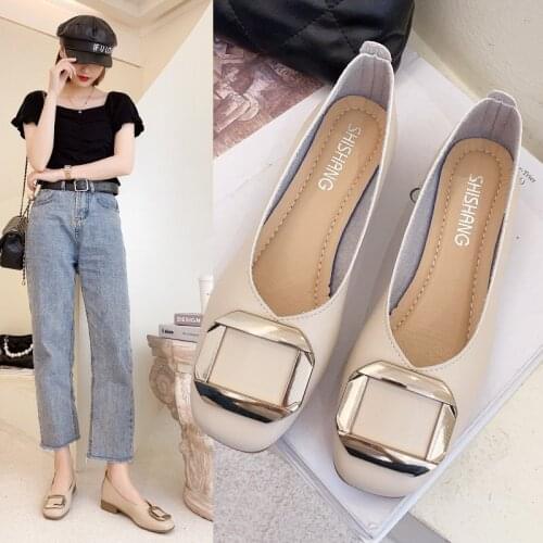 Women Flats Shoes Low Wooden Heel Ballet Square Toe Shallow Buckle Brand Shoes Woman Slip On Loafer Big Size 35- 40 Mujer